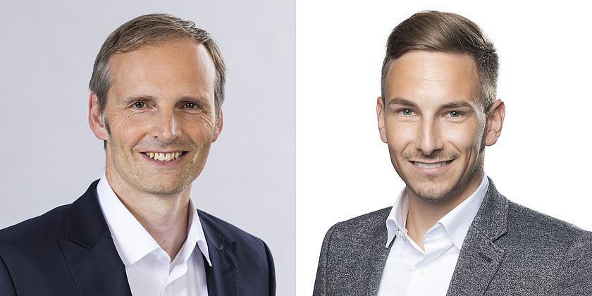 Prof. Dr. Raphael Spieker, Professor für Allgemeine Betriebswirtschaftslehre, insbesondere Finanzierung und Paul Thierolf, Absolvent des Masterstudiengangs Real Estate Management an der EBZ Business School